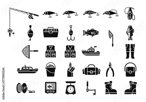 A comprehensive collection of black glyph icons for fishing sport and hobby equipment. Vector set of angling gear symbols isolated on white