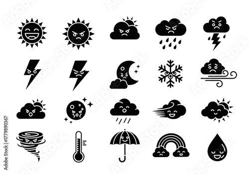 A collection of cute weather glyph icons with emotional faces. Vector set of meteorological symbols like sun, cloud, rain, and storm
