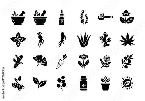 Black glyph icon set for herbal medicine, aromatherapy, and natural remedies. Includes symbols for medicinal plants, roots, and essential oils