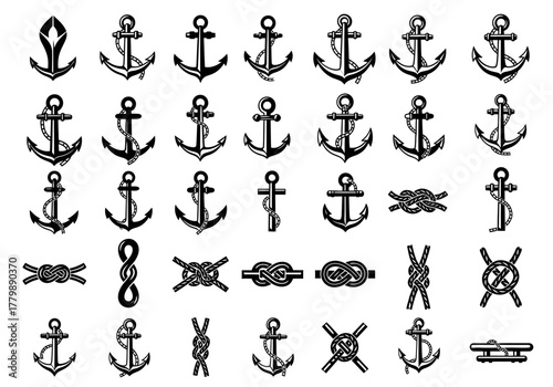 A diverse collection of maritime symbols, featuring various vintage anchor designs and intricate sailor rope knots isolated on a white background