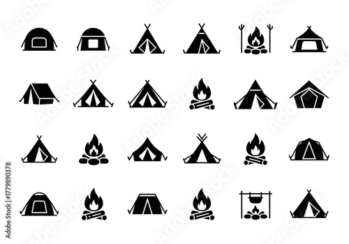 A comprehensive set of black glyph icons depicting various camping tents and campfires, perfect for outdoor adventure and travel design projects