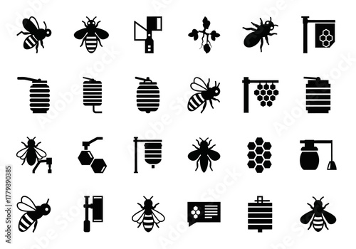 Bee and beekeeping solid icons set for apiculture design. A collection of vector glyphs representing honey, hives, and insects for graphic use