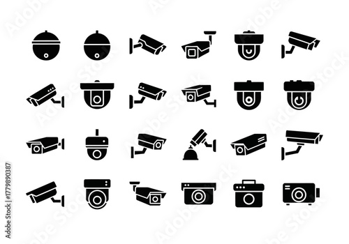 Comprehensive set of CCTV security camera silhouette icons. Vector glyphs for digital monitoring and protection systems