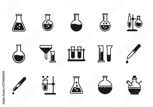 Set of minimalist chemistry laboratory glassware icons for scientific research and experiments, including flasks, beakers, and test tubes