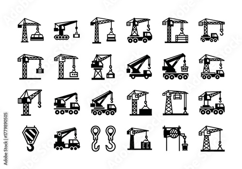 A comprehensive set of black glyph icons depicting various construction cranes, including tower and mobile types, with lifting hooks