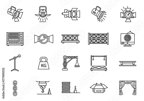 A comprehensive line icon set of professional stage equipment for concerts, theater, and live event production visuals