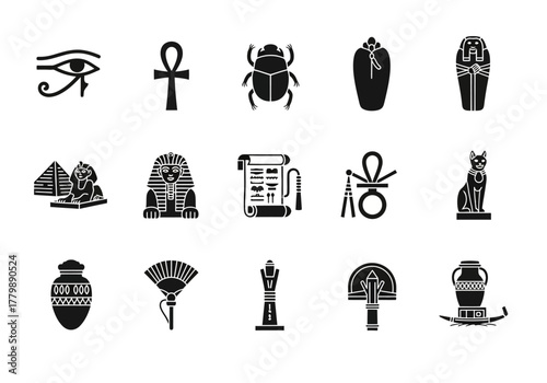 Set of black solid glyph icons depicting symbols of Ancient Egypt, including the pharaoh, pyramids, and ankh