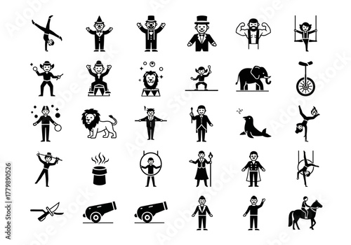 A versatile collection of solid glyph icons depicting circus performers and carnival entertainment elements. Simple vector illustrations for a show