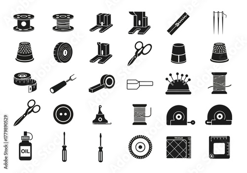 A comprehensive collection of black silhouette sewing and tailoring tool icons for various design projects