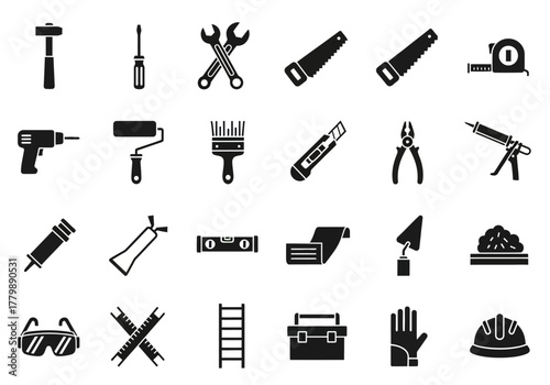 Vector set of building and repair tools icons. Black solid glyphs of work instruments for construction, maintenance, and DIY projects