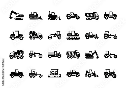 A comprehensive glyph icon set of heavy construction machinery and industrial vehicles. Collection of equipment silhouettes for various transport designs
