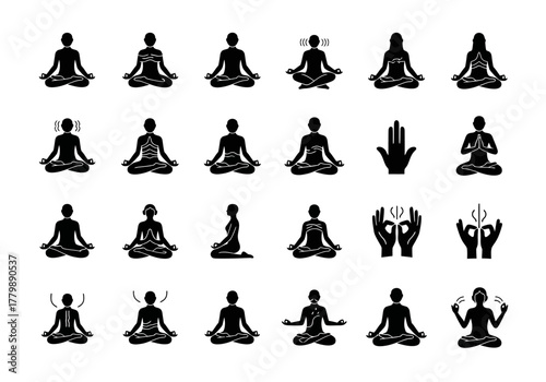 Set of black silhouette icons showing a person in various yoga meditation poses and hand mudras. Vector collection for spiritual wellness