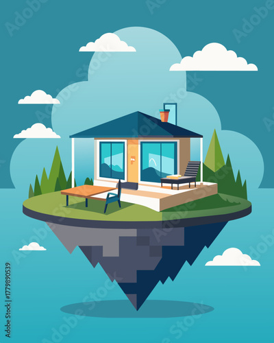 A floating villa with a spacious deck providing a comfortable and scenic setting for remote work with ample natural light.. Vector illustration