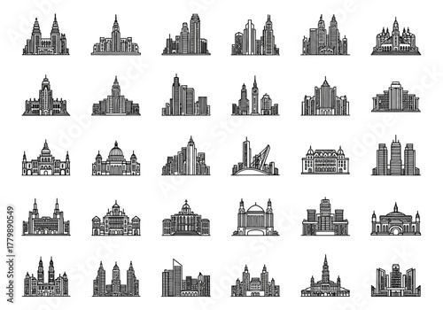 A comprehensive collection of city building and architectural landmark icons. This set features vector illustrations of famous skylines and government structures
