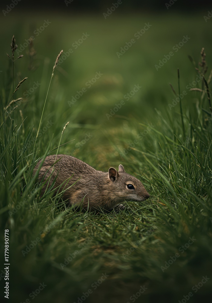 Fototapeta premium A small field animal is crouched low in tall grass, completely still and alert, listening for any sign of a predator nearby, silent, evasion, threatened