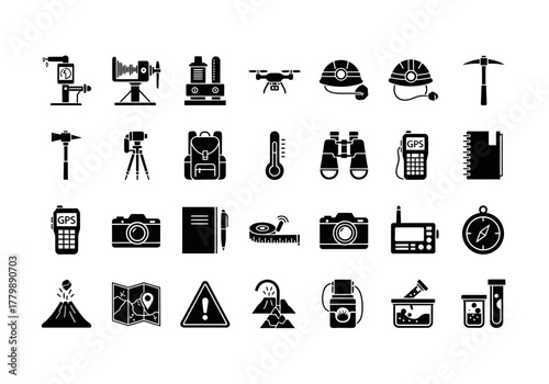Geology and surveying equipment icon set, solid glyph collection for volcanology, topography, and scientific fieldwork exploration 2j (422)