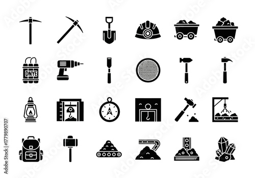 Mining industry glyph icon set featuring essential tools like pickaxes, helmets, and mine carts for geology and extraction concepts