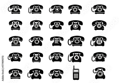 A diverse set of old-fashioned rotary telephone icons and a classic mobile phone for technology concepts. Vector graphics set 442