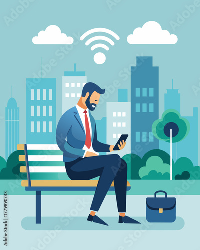 A businessman takes a break from the hustle and bustle of the city sitting on a smart bench to charge his phone and quickly check his email over the free WiFi.. Vector illustration