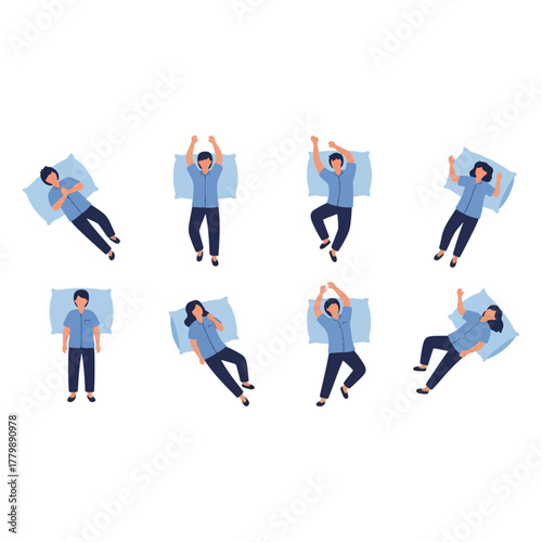 People in pajamas sleeping in diverse positions on blue pillows, various sleep poses, top view illustration