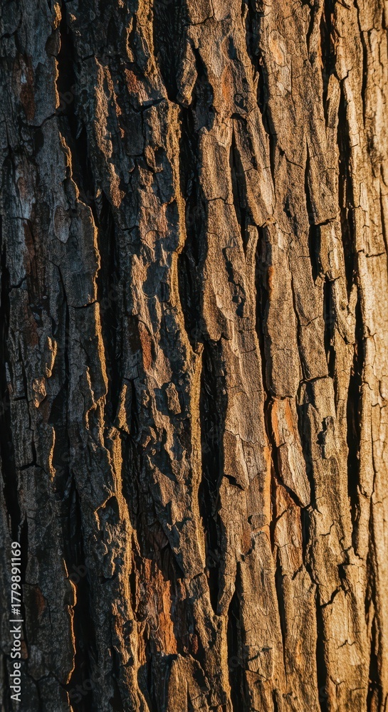 Fototapeta premium Close up macro shot of rough, weathered tree branch bark. Shows deep furrows, texture, and natural patterns of old wood ,sturdy ,macro ,cracked