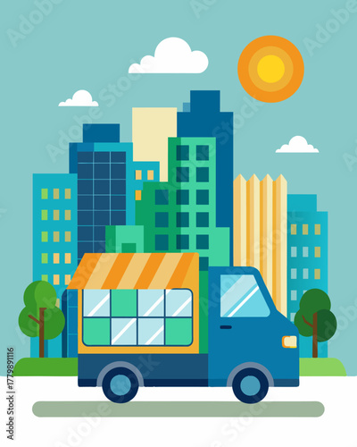 A delivery truck rumbles through the narrow streets of a city its cargo area filled with packages while its solarpowered engine ensures efficient and ecofriendly transportation.. Vector illustration