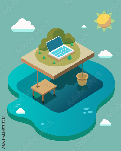 A floating desk on a serene pond powered by solar panels attached to the underside of the desk.. Vector illustration