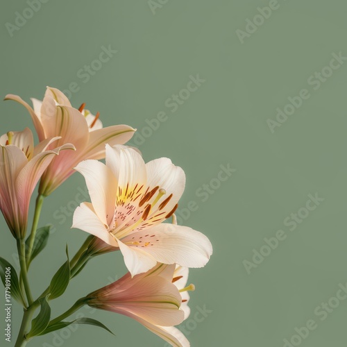 Elegant pale lilies softly blending into a sage green wallpaper background featuring delicate, subtle, tone-on-tone floral patterns ,pastel ,design ,sage