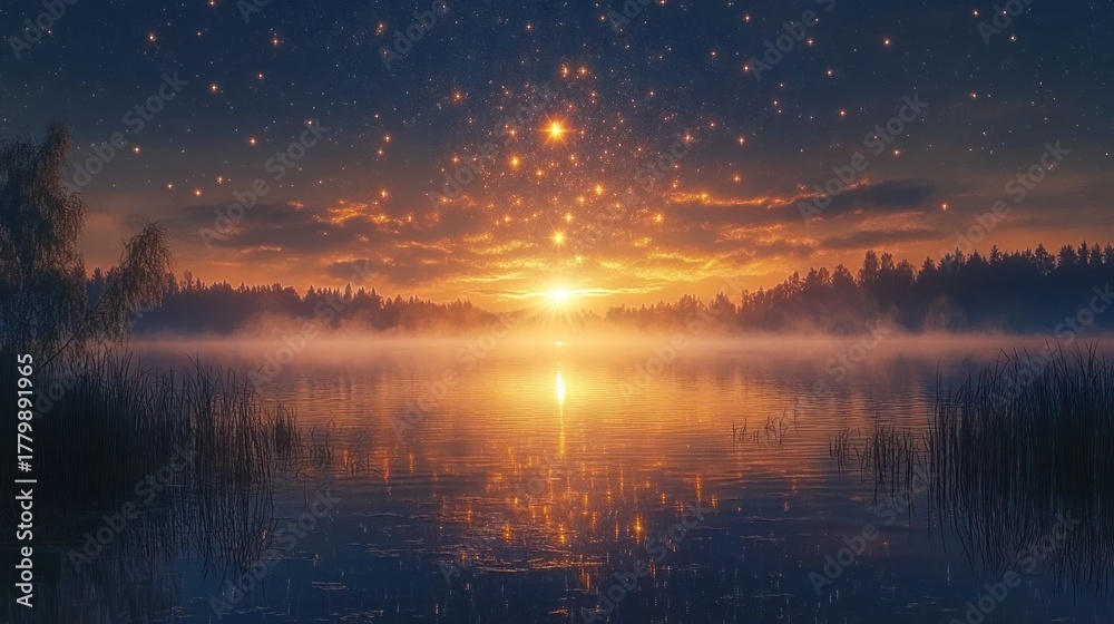 Fototapeta premium Enchanting Sunrise Over Misty Lake with Starry Sky