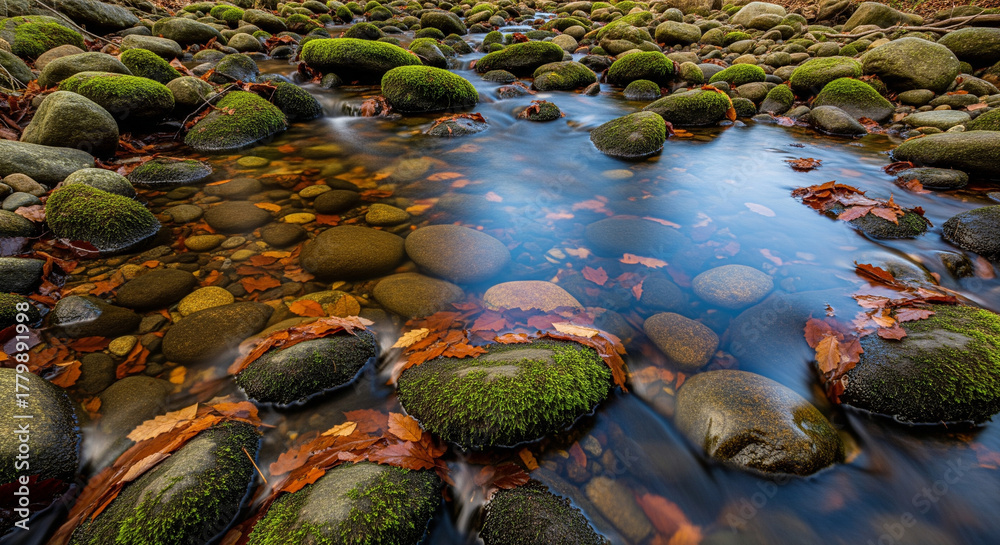 Fototapeta premium Tranquil stream flowing over mossy rocks and autumn leaves, perfect for nature lovers and outdoor adventures in a peaceful forest setting