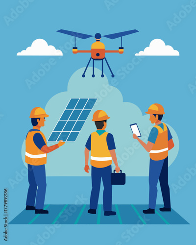 A group of technicians using a drone to survey and assess the condition of solar panels on a remote installation.. Vector illustration