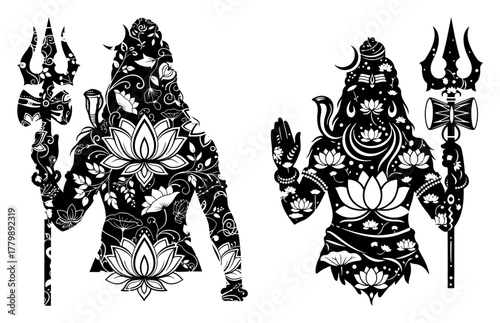 Floral Silhouette of Lord Shiva. Hindu God Mahadev with Trishula Vector Illustration.