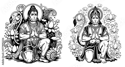 Praying Hanuman with Lotus and Paisley Ornaments. Detailed Hindu God Vector Illustration