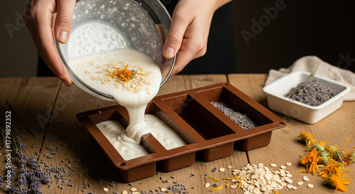 A close-up shot of a person pouring natural oils from small glass beakers into a creamy white soap base in a wooden bowl, then stirring the mixture with a wooden spoon to blend the ingredients