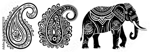 Ornate Indian Elephant and Paisley Pattern Set. Ethnic Tribal Decorative Vector Elements