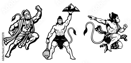 Hanuman in Action Poses Set Lifting Mountain and Flying. Hindu God Mascot Vector