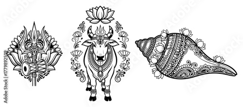 Ornate Hindu Puja Symbols Set. Decorative Trishula Nandi Cow and Shankha Vector Illustration