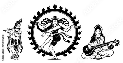 Hindu Deities Vector Set. Krishna Shiva Nataraja and Saraswati God Silhouette Icons