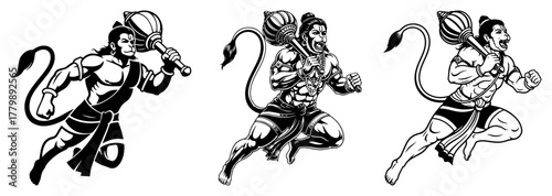 Hanuman Running With Mace Bajrangbali Monkey God Warrior Outline Vector Illustration