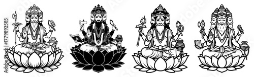 Trimurti Brahma Vishnu Shiva Seated On Lotus With Multiple Arms Sacred Hindu Deities Outline Vector
