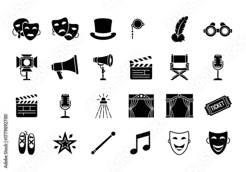 Performing arts and entertainment glyph icon set with symbols for theater, cinema, music, and show business concepts