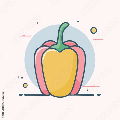 Yellow and pink bell pepper icon with a light blue circle and pink lines on a cream background a simple flat design with clean lines.