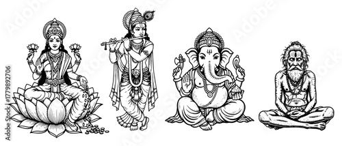 Hindu Deities and Sadhu Vector Set. Lakshmi Krishna Ganesha and Yogi Hand Drawn Illustrations