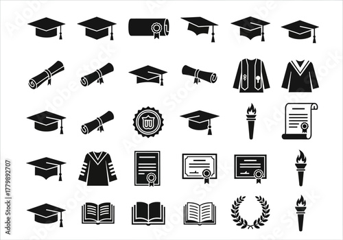 Comprehensive set of black glyph icons for university graduation and higher education, featuring mortarboards, diplomas, and academic symbols