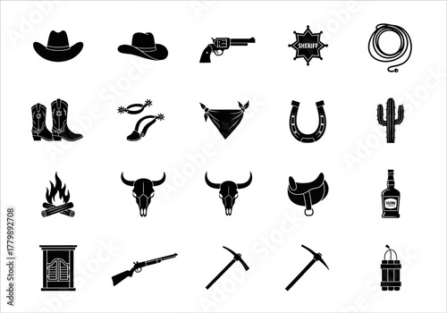 A simple collection of black glyph icons representing the American Wild West, featuring cowboy and western elements for design