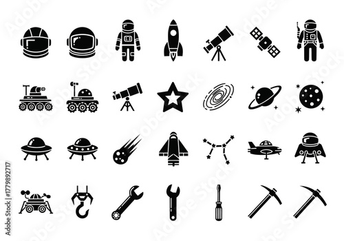 Monochrome glyph icon set featuring space exploration and astronomy symbols. Includes astronaut, rocket, planet, rover, and sci-fi elements for design