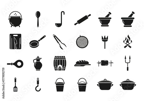 A collection of black silhouette icons representing various vintage and medieval cooking utensils and kitchenware tools. Vector illustration set 2j (456)