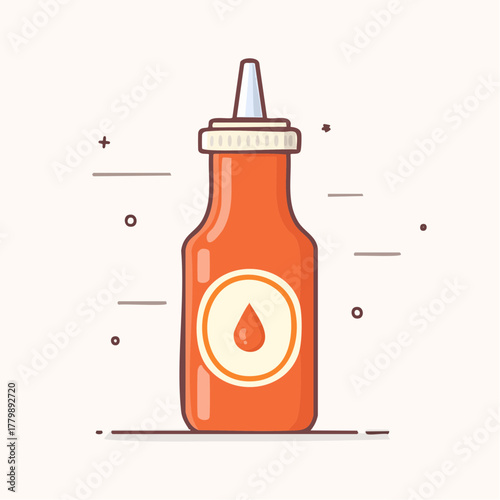 Orange Squeeze Bottle with White Cap and Label Featuring a Drop Icon on a Light Beige Background with Stylized Lines and Dots