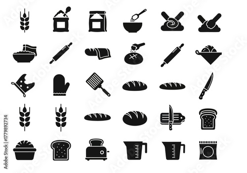 A versatile collection of solid black glyph icons for baking and bread-making, featuring essential kitchen tools and ingredients like flour and dough