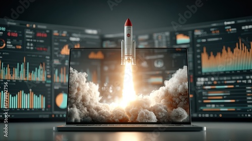 Startup business growth concept with rocket launching from laptop and data charts, generative ai